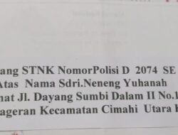 Telah Hilang STNK Dengan Nomor Polisi D.5608 TH , Atas Nama Saudari.Neneng Yuhanah, Dengan alamat JL. Dayang Sumbi Dalam II No 12 Kelurahan Cipageran Kecamatan Cimahi Utara Kota Cimahi